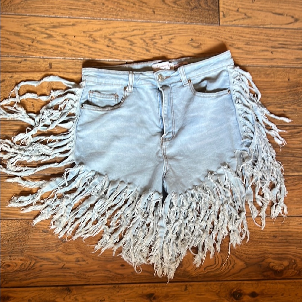 Pink Peplum Boutique Blue Jean Shorts with Fringe